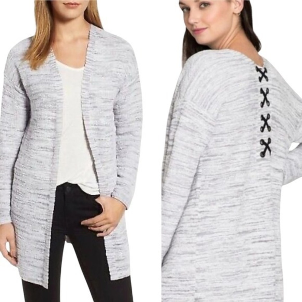 Nic & Zoe Womens Gray Marled Lace Up Back Open Front Cardigan Sweater PL Minimal